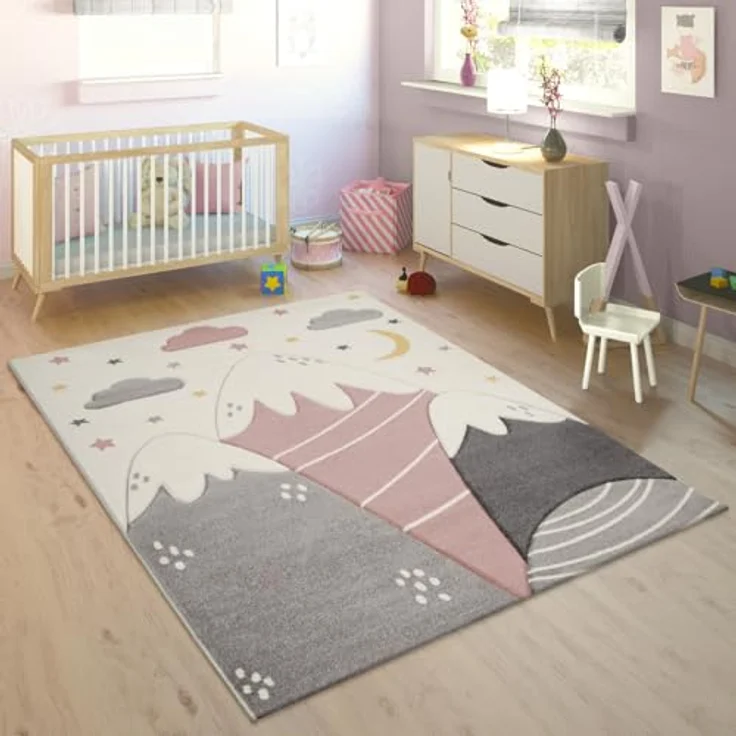 Paco Home Kinderteppich Spielteppich 3D Optik Pastell Berge Wolken Sterne, 140x200 cm, 100% Polypropylen, schmutzabweisend, pflegeleicht – Bild 1