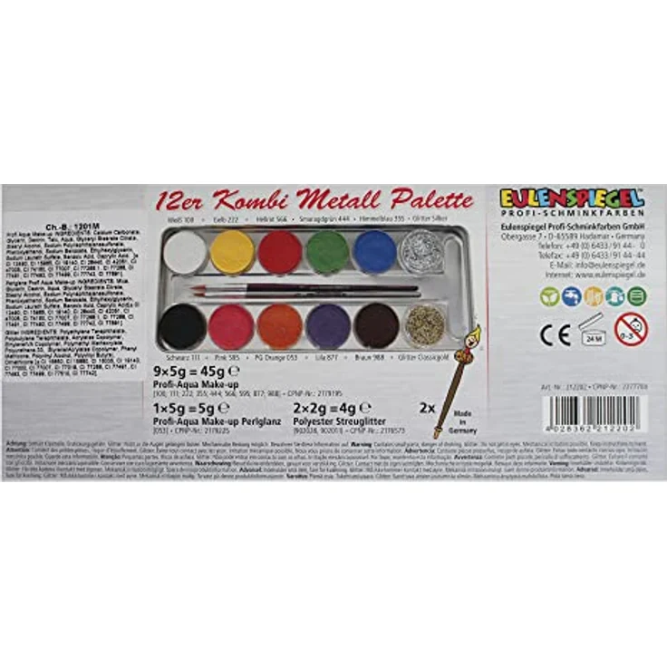 Eulenspiegel 212202 - Profi-Aqua Schminke, 10 Farben, 2 Glitzer, 2 Profi-Pinsel, Metall-Palette – Bild 4