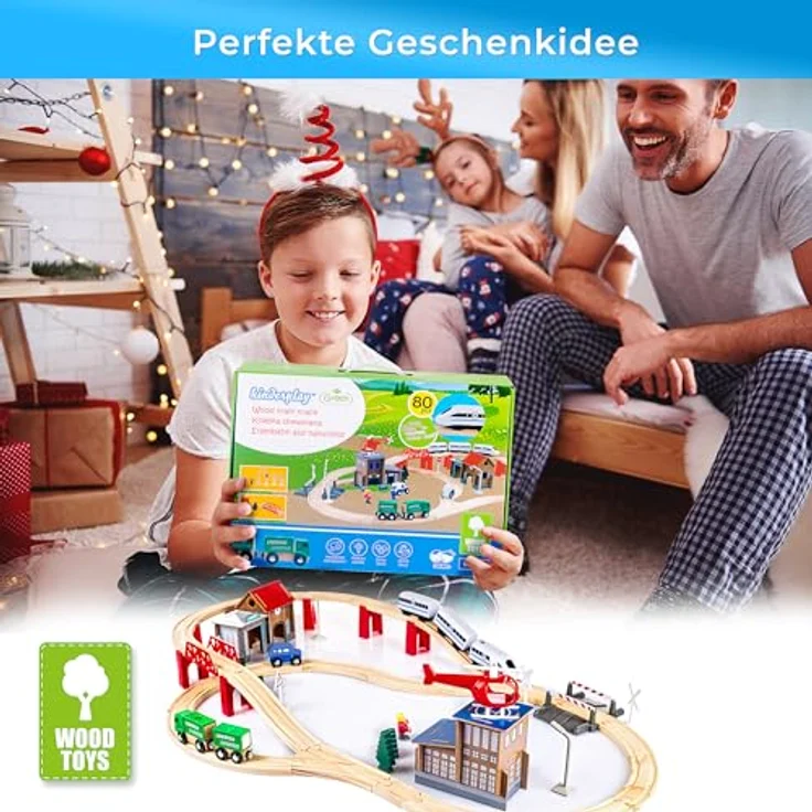 Kinderplay Holzeisenbahn Set für Kinder - Eisenbahn Kinder Elektrisch, Spielzeug Zug, Polizeistation, Autobahn und Bahnset mit Brücke, 80 Teilen, 378 cm lang, Modell (GS0010) – Bild 4
