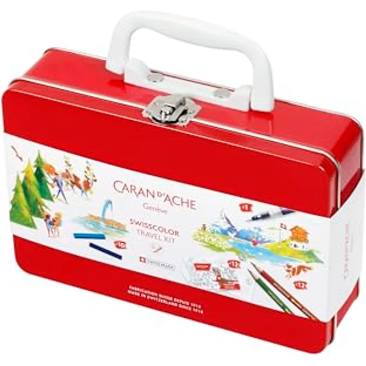 Caran d'Ache Swisscolor Travel Kit, Set mit Metallkoffer, 12 Farbstiften, 10 Pastellkreiden, Aquarellpinsel und 12 Ausmal-Postkarten – Bild 7
