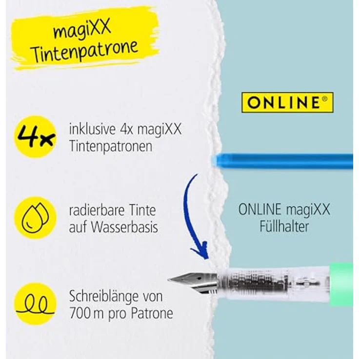 Online Pen Füller magiXX, radierbarer Füller mit blauer Tinte, inkl. 4 Nachfüll-Patronen, ergonomisches Design – Bild 7