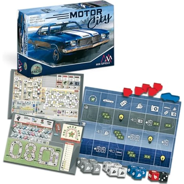 Huch & Friends Motor City, strategisches Roll & Write Spiel über Automobilfabriken im Detroit der 70er Jahre – Bild 2