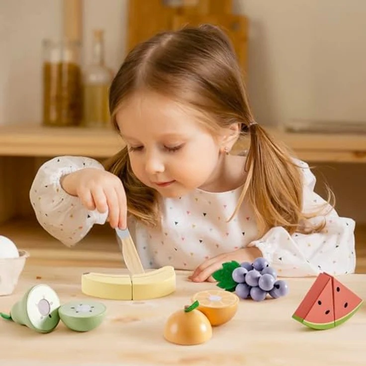 ROBOTIME Holz-Obst-Schneideset für Kinder, Realistisches Spielzeug mit Banane, Birne, Wassermelone, Trauben, Klettverschluss und Tragetasche für sicheres Rollenspiel – Bild 5