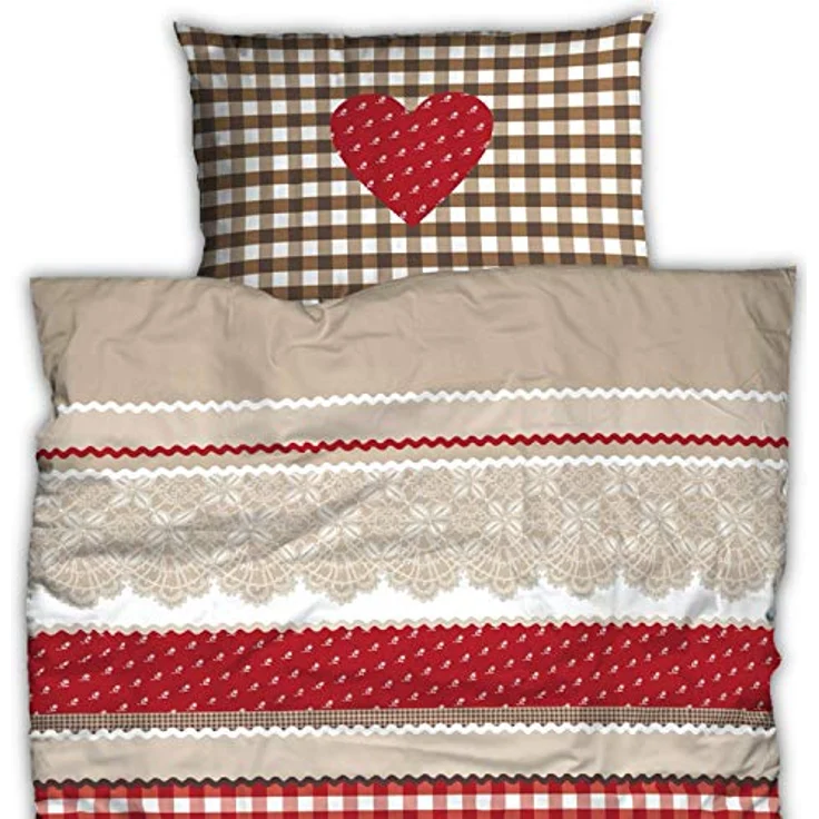 CASATEX Renforcé Bettwäsche Landhaus Rot Braun Baumwolle Herz Karo Kariert Romantik, Größe:135 cm x 200 cm – Bild 2