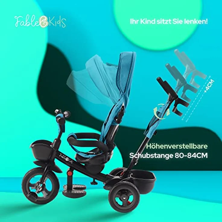 FableKids 5in1 Dreirad Noemi mit Schubstange ab 18 Monate bis 25kg, Vorwärts und Rückwärtsfahrt, PU-Reifen, Freilauf geräumiger, Korb, Tasche, Getränkehalter - Türkis – Bild 7