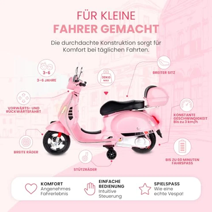 Sun Baby Elektrischer Kinderroller Vespa Maxi, 12V Elektrofahrzeug mit MP3, Kofferraum und Licht, rosa – Bild 3