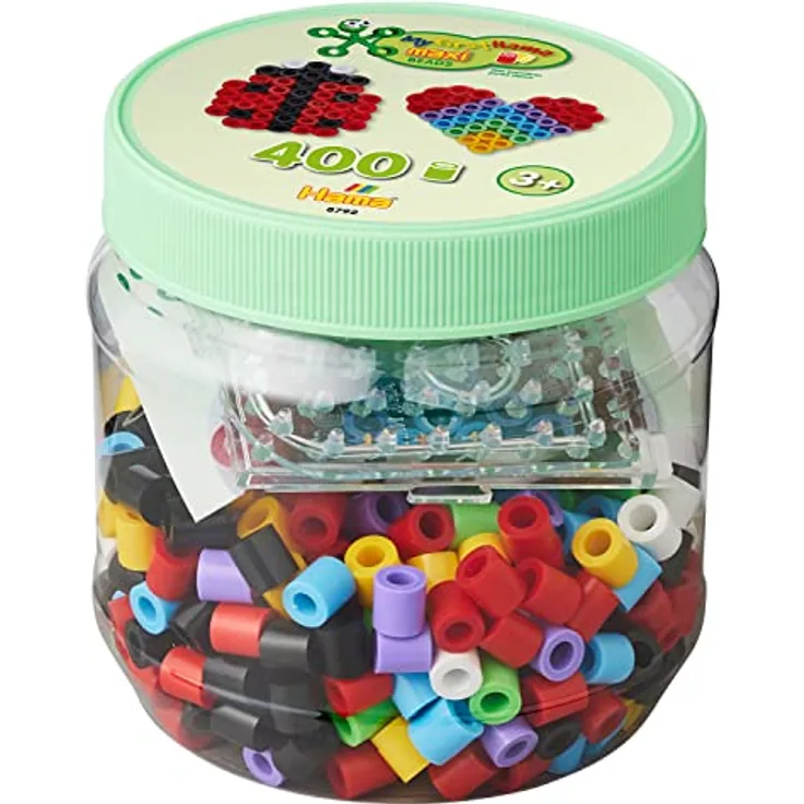Hama Perlen 8792 Bügelperlen Dose mit Quadrat und Herz, Kreativ-Set mit ca. 400 Maxi-Perlen, 2 kleinen Stiftplatten zum Zusammenstecken, Motivvorlage, Bügelpapier, für Kinder ab 3 Jahren