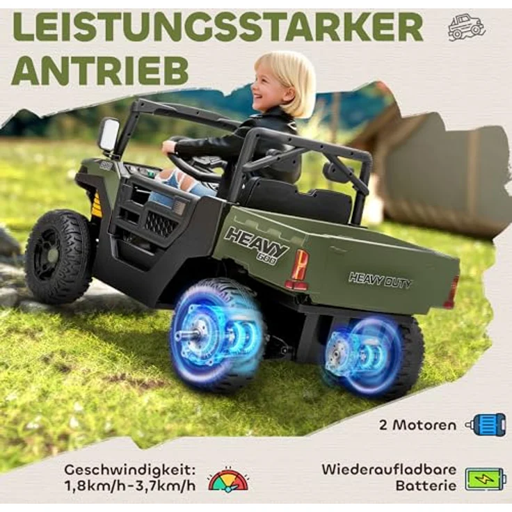 AIYAPLAY Kinder Elektroauto UTV 12V, 2 Motoren, 2,4 GHz Fernbedienung, Softstart, Federungssystem, Musik & USB-Anschluss, für 3-8 Jahre, Grün – Bild 3