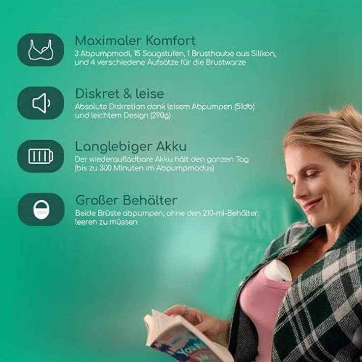 Bebeconfort Diskrete Milchpumpe Handsfree, elektrische, leise Milchpumpe mit 3 Pumpmodi, 15 Saugstufen, langlebigem Akku und 210 ml Behälter – Bild 3