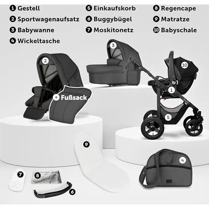 Bergsteiger Capri Kombikinderwagen 3-in-1, Babywanne, Sportsitz & i-Size Babyschale mit Luftreifen, Federung, höhenverstellbarem Griff, faltbar, Zubehör – Bild 3