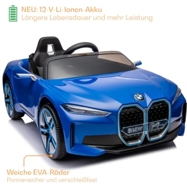 BMW i4 Kinder Elektroauto, 12V mit Fernbedienung, für 1-6 Jahre, Blau, MP3-Player, Sicherheitsgurte, Realistische Motorengeräusche – Bild 6