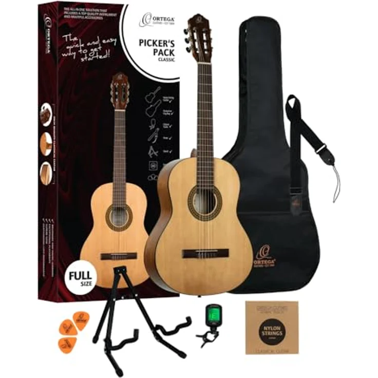 Ortega Guitars Konzertgitarre Einsteiger Set Picker’s Pack - Fichte, Katalpa, Natur (RPPC44) mit Gigbag, Stimmgerät, Plektren, Gurt, Saiten, Ständer – Bild 1