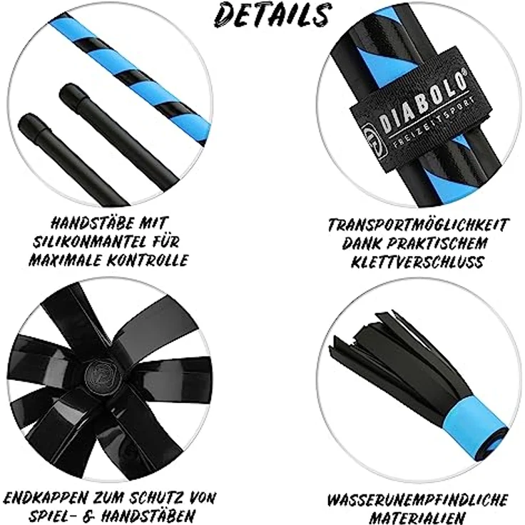 Diabolo Freizeitsport Flowerstick Basic, UV reaktiver Flower Stick in türkis, inkl. zwei Fiberglass Handstäben, ideal für Anfänger und Festivals – Bild 4