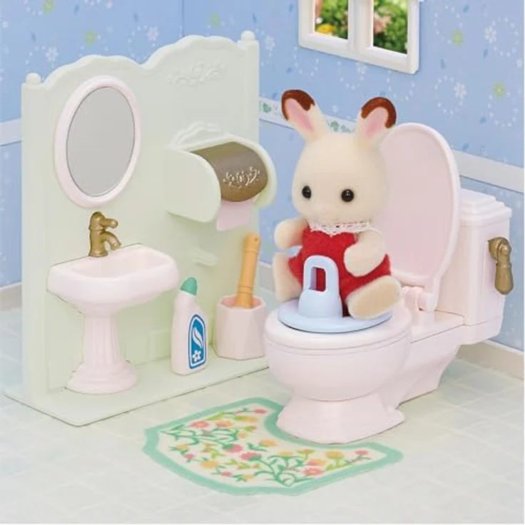 Sylvanian Families 5740 Toiletten-Set, Puppenhaus Möbel mit Toilette und Spülfunktion, inkl. Waschbecken und Babysitz – Bild 4