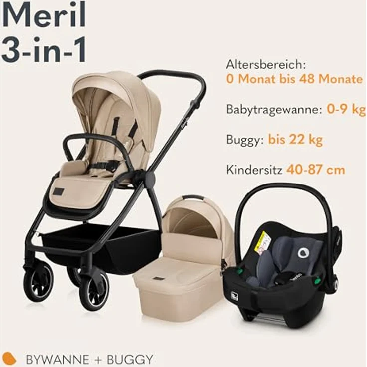 Lionelo Meril Kombikinderwagen 3-in-1, XL-Babywanne, Buggy und ADAC-zertifizierter Kindersitz, geländegängige Räder, voll gefedert, Beige – Bild 2