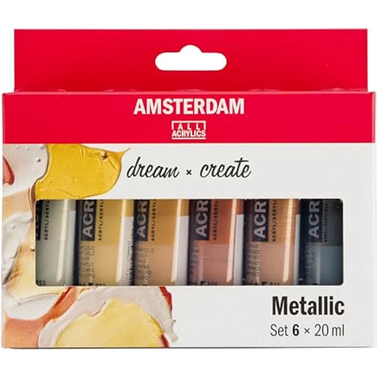 Amsterdam Standard Serie Acrylfarben Set, Metallic Set mit 6 glänzenden Farben (800 Silber, 802 Reichgold, 803 Dunkelgold, 805 Kupfer, 811 Bronze, 840 Graphit), 6 x 20 ml Tuben, wasserbasierte Spezialeffektfarbe – Bild 1