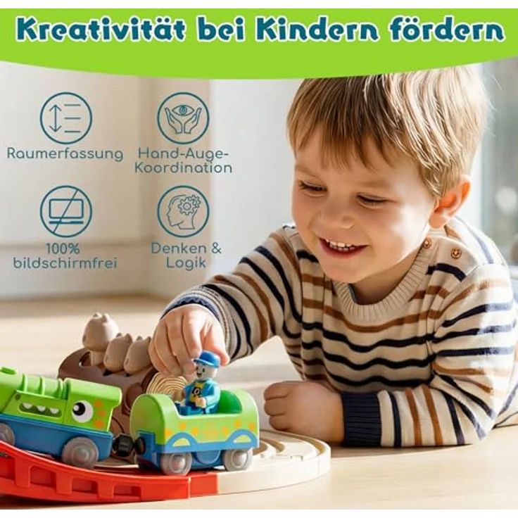 Lehoo Castle Holzeisenbahn, Elektrische Dino-Lok mit interaktiver Pop-up-Tierschiene, Spielzeug ab 3 Jahre – Bild 5