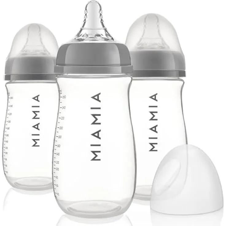 MiaMia 3x Babyflasche mit Anti Kolik Sauger Größe S - 3 PP Flaschen mit Silikonsaugern - Transparent Grau (260 ml)