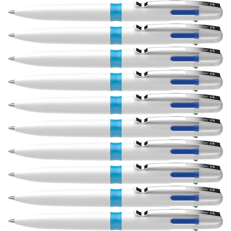 Schneider Take 4, Mehrfarbkugelschreiber mit 4 Schreibfarben (schwarz, rot, blau, grün), weiß/hellblau, 10er Pack