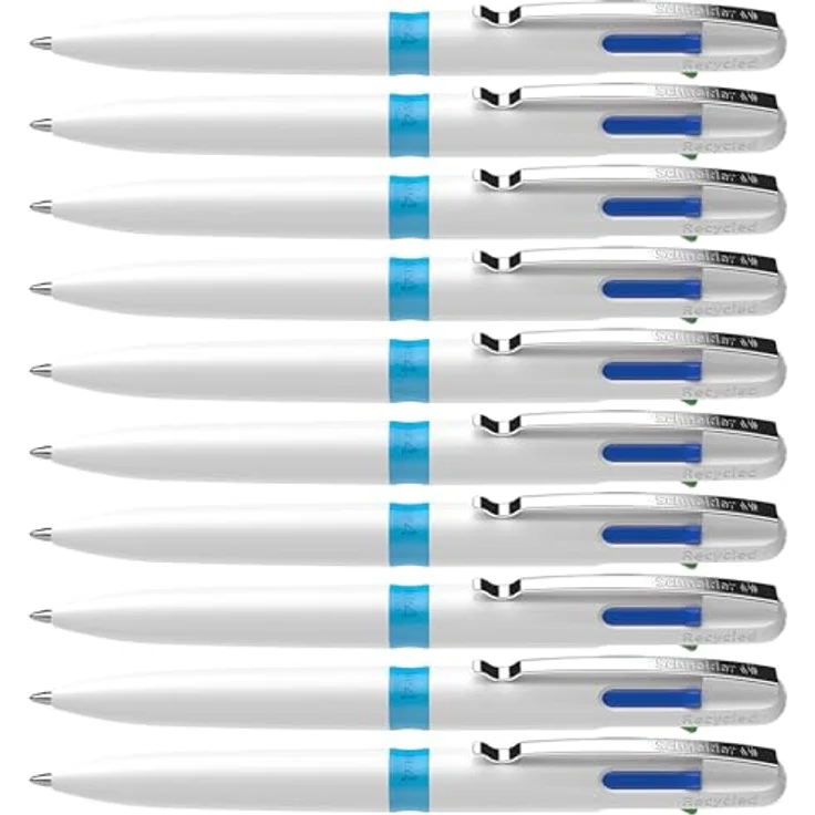 Schneider Take 4, Mehrfarbkugelschreiber mit 4 Schreibfarben (schwarz, rot, blau, grün), weiß/hellblau, 10er Pack – Bild 1