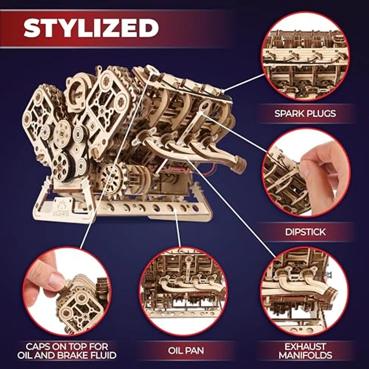 UGEARS V8 Motor Modellbausatz, 3D Holzpuzzle für Erwachsene, 776 Teile, USB-C-betriebener Elektromotor, DIY-Kit für Technik-Enthusiasten – Bild 5