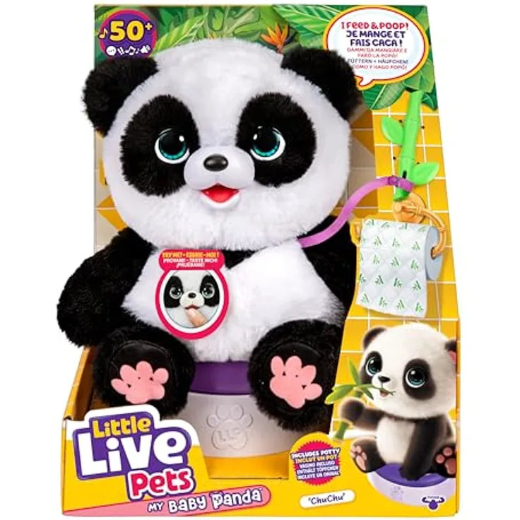 Moose Little Live Pets My Baby Panda, interaktive Plüschfigur mit über 50 Geräuschen und Reaktionen, inklusive Töpfchen und Bambusstäbchen, H30 x B17 cm