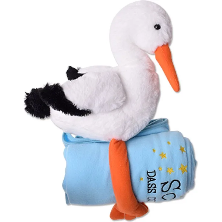 TE-Trend Kuscheltier Storch 38cm blau mit weicher Decke 100x80cm, Bestickt mit: „Schön das du da bist“