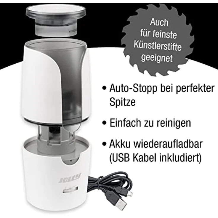 Jolly Herbert, elektrischer Anspitzer mit Autostopp-Funktion und wiederaufladbarem Akku, schwarz – Bild 3