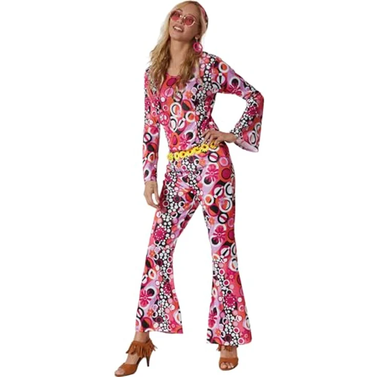 dressforfun Hippie Kostüm Set, 60er Jahre Kostüm, Kostüm Disco Damen, 70er Mode Damen, Hippie Frau, Flower Power, M - bunt – Bild 1