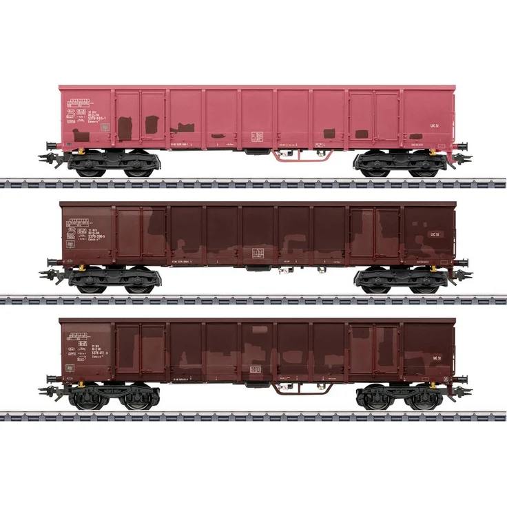 Märklin 047188 Güterwagen AC, Set aus drei Hochbordwagen Eanos-x der Deutschen Bahn AG, verschiedene Grundfarbgebungen, mit neu konstruiertem Schutzbügel, passend für Epoche VI
