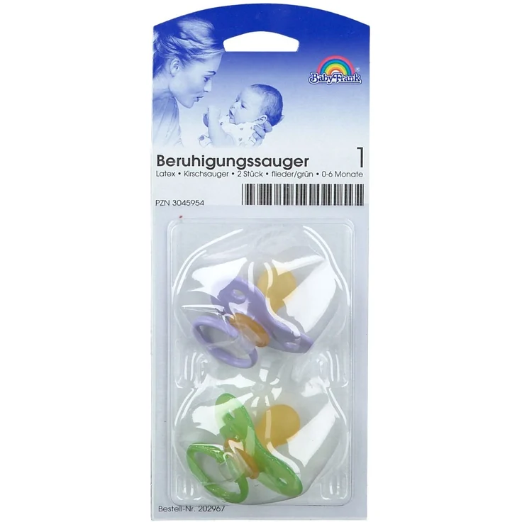 Baby-Frank Sauger Kirsche Latex Gr.1 0-6 Mon.flied./grün 2 St Schnuller zur Kiefer- und Gaumenentwicklung