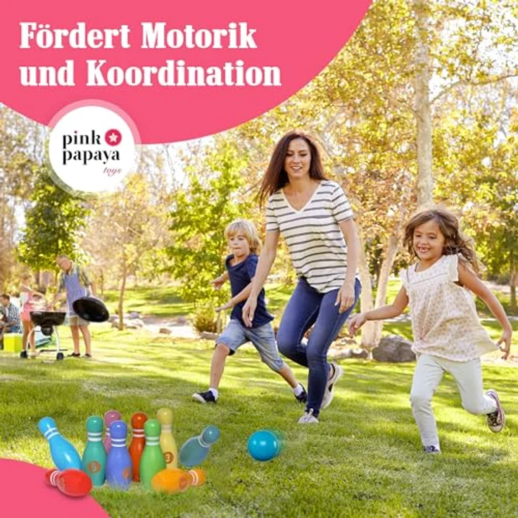 Pink Papaya Kegelspiel für Kinder - 12 teiliges Bowling Set, Outdoor & Indoor Spielzeug aus FSC-zertifiziertem Holz, schult & fördert Ihr Kind – Bild 2