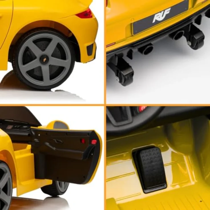 Porsche RUF GT Kinder Elektro Auto, 12V, für 1-5 Jahre, mit Fernbedienung, gelb, MP3-Player, Sicherheitsgurt, Weiche EVA-Reifen – Bild 5