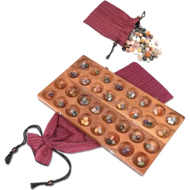 LOGOPLAY Hus Spiel Bao Kalaha für 2 Spieler, klassisches Strategiespiel aus Holz mit silbernem Metallverschluss und bunten Edelsteinen – Bild 1