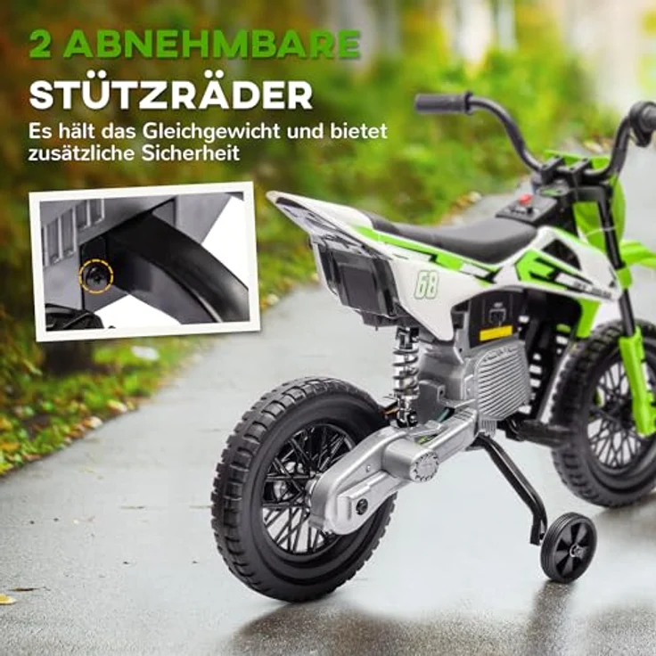 AIYAPLAY Elektro-Kindermotorrad 12V, mit Musik, abnehmbaren Trainingsrädern, 2,4-5 km/h, für Kinder von 3-6 Jahren, max. 30 kg, Grün – Bild 4