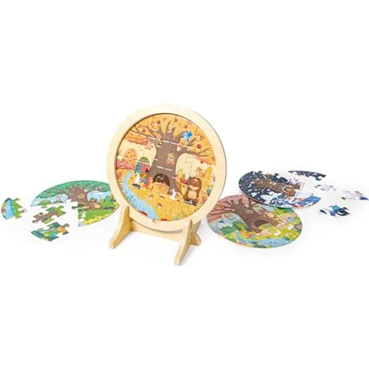 Hape 4-Jahreszeiten-Lagenpuzzle, Puzzle-Set mit 10-, 12-, 16- und 18-teiligen Szenen aus Frühling, Sommer, Herbst und Winter, mit im Dunkeln leuchtenden Elementen
