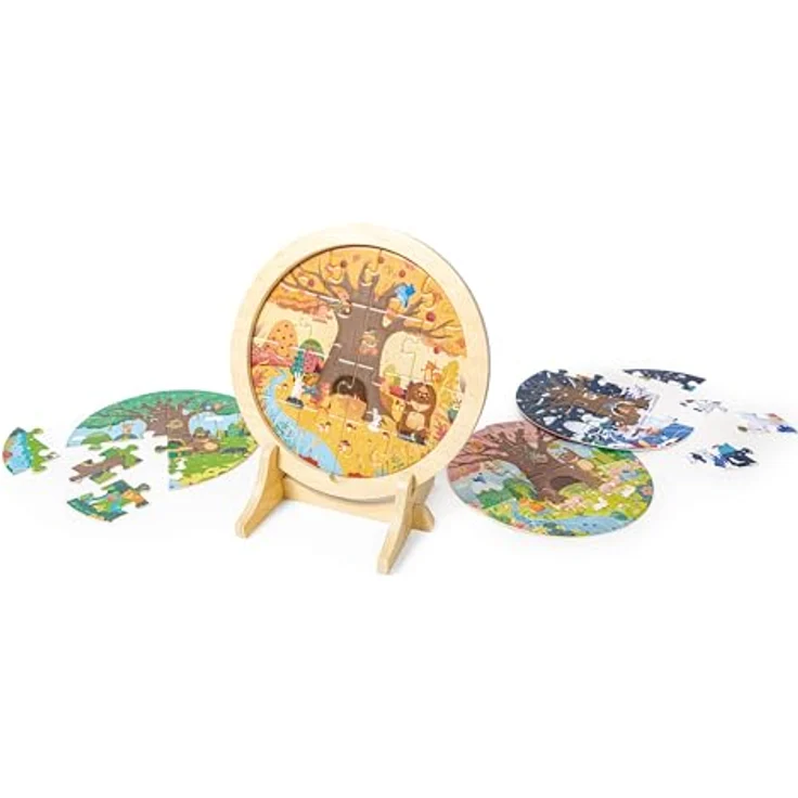 Hape 4-Jahreszeiten-Lagenpuzzle, Puzzle-Set mit 10-, 12-, 16- und 18-teiligen Szenen aus Frühling, Sommer, Herbst und Winter, mit im Dunkeln leuchtenden Elementen – Bild 1