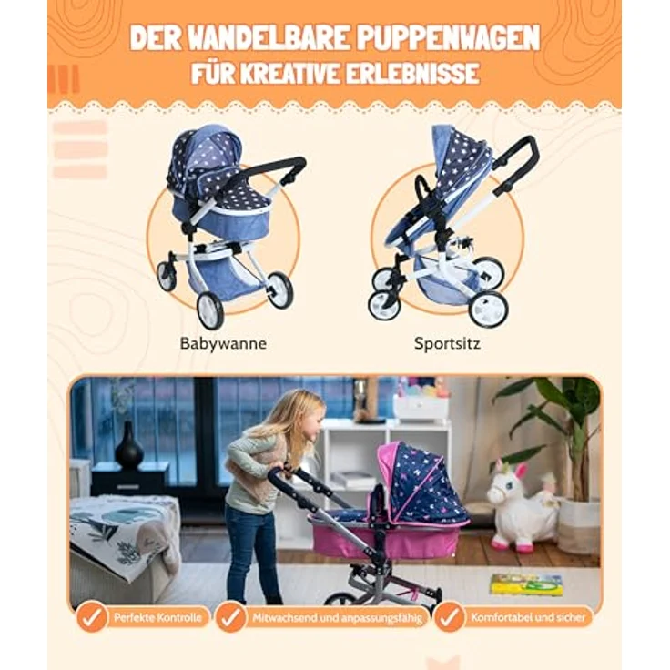 Bayer Kombi-Puppenwagen "MIKA", schickes Gestell, schwenkbare Vorderräder, 2-in-1 Sportsitz/Wannenaufsatz, höhenverstellbarer Schiebegriff, kompakt zusammenklappbar, für Puppen bis 52 cm, pink – Bild 2