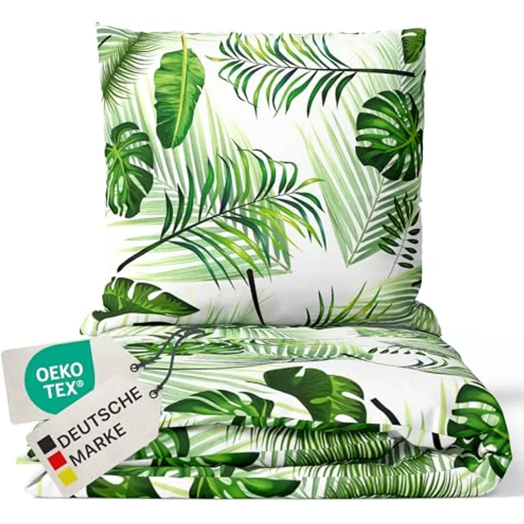 NYVI Bettwäsche Set DreamScience Leaves, Mikrofaser 135x200 + 80x80 cm, atmungsaktiv & weich, mit Reißverschluss, Oeko-TEX zertifiziert, für Allergiker geeignet