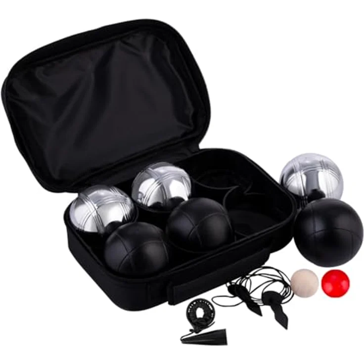 Engelhart Boule Set 6-Teilig, Metall Kugeln Schwarz/Silber mit Tasche, Zubehör für Petanque und Boccia – Bild 4