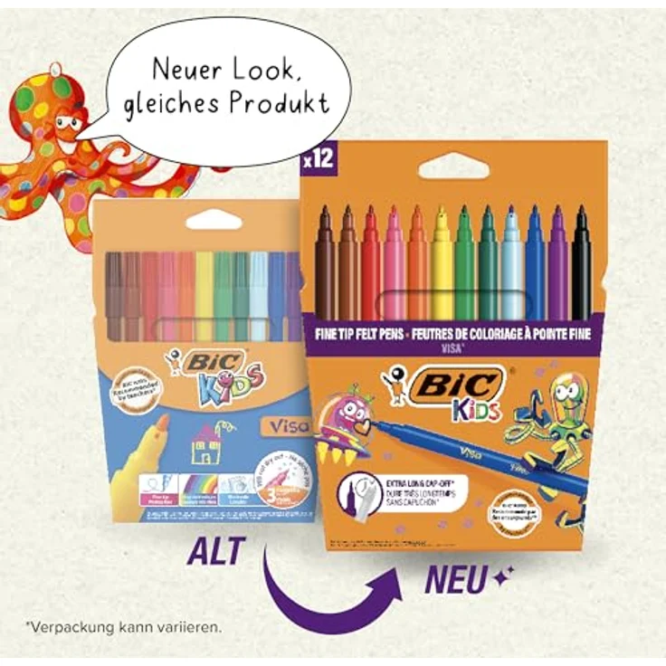 BIC Fasermaler KIDS Visa, 12er Set mit wasserbasierter Tinte, feiner Rundspitze, auswaschbar, austrocknungssicher – Bild 3