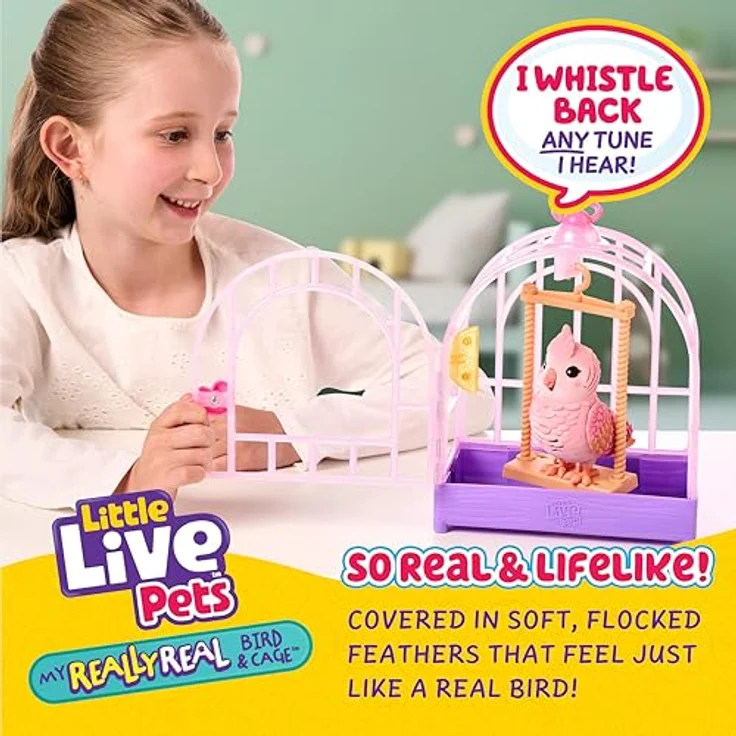 Moose Little Live Pets My Really Real Bird - Rosie, interaktiver Nymphensittich mit Käfig, rosa – Bild 2