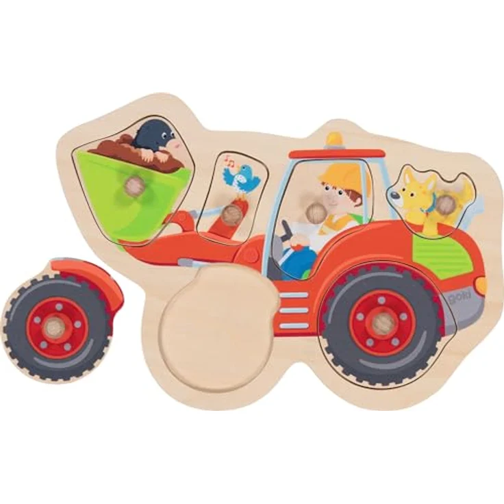 goki 57345 Steckpuzzle Schauffelbagger aus Holz, Greifpuzzle mit niedliches Bagger-Motiv und Tieren, Förderung Motorik und Hand-Augen-Koordination, 6-er Set, 28cm x19cm, ab 1 Jahr, 28x19cm – Bild 2