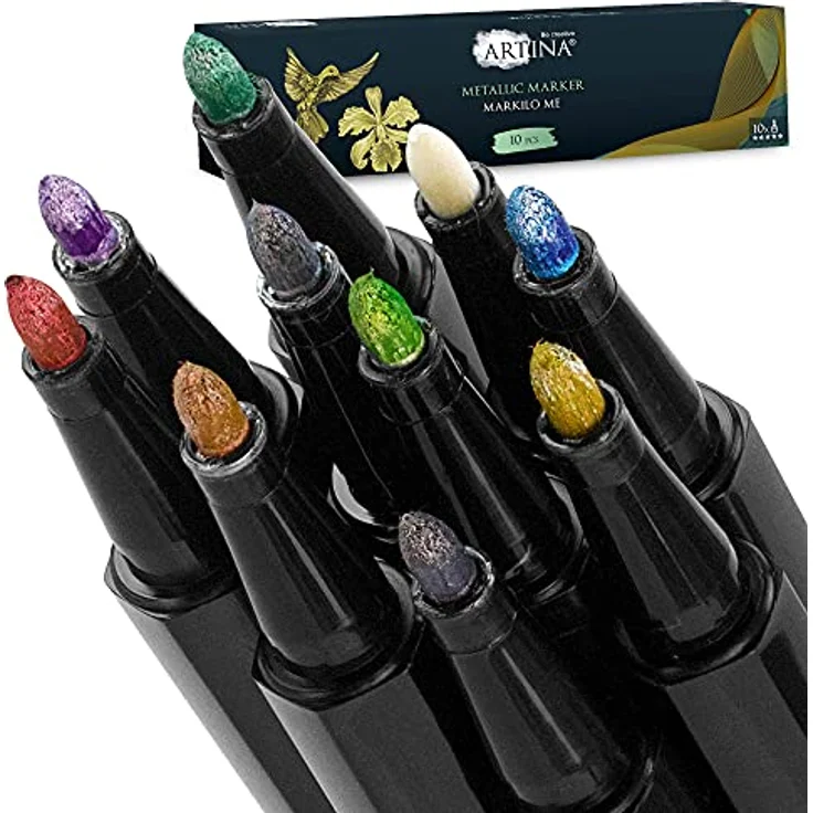 Artina 10 Metallic Marker Set Markilo ME – 0.7 mm Spitze – Wasserfeste Glitzer Filzstifte Bunte Fineliner Leuchtende Farben Permanente Metallic Marker Schimmernde Mal Stifte für Gästebuch & Karten – Bild 2