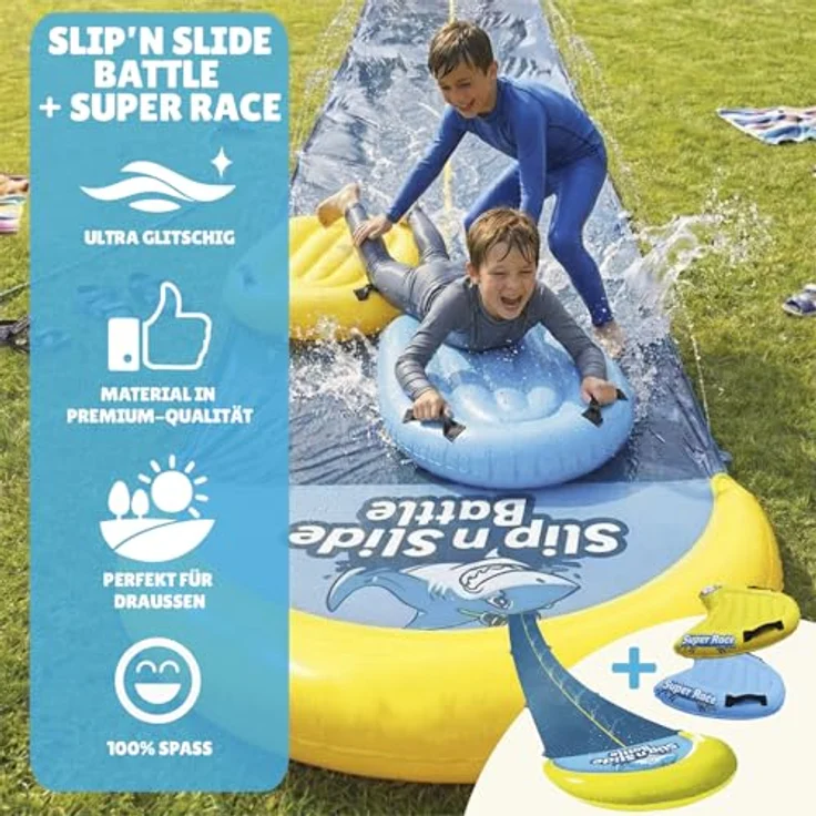 OriginalCup Wasserrutschmatte Riesen Pack XXL, 10 Meter Doppelbahn mit 2 Bodyboards, Premium-Qualität, Selbstbewässerungssystem für epische Slip'n Slide Wasserspiele – Bild 2