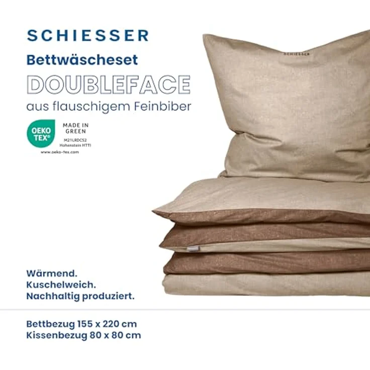 Schiesser Feinbiber Wendebettwäsche Doubleface, 100% Baumwolle, Farbe:Sand und Braun, Größe:155 cm x 220 cm – Bild 2