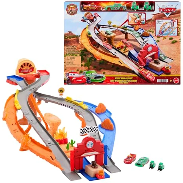 Mattel Disney Pixar Cars Rennstrecke Spielset mit Lightning McQueen und Chick Hicks, inklusive Boxencrew-Figuren – Bild 1
