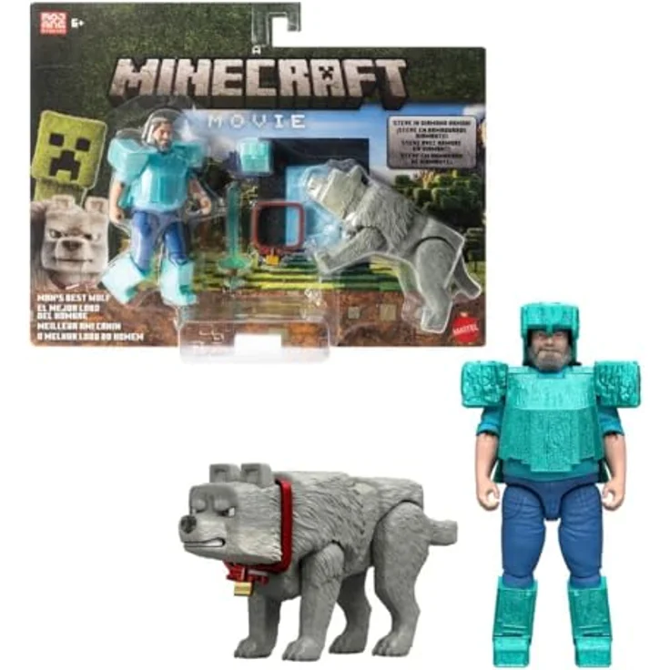 Mattel Minecraft JFR71 Movie Core Scale Steve und Wolf Actionfiguren-Set, 2 Stück, 10,2 cm, Steve in Diamantrüstung – Bild 1