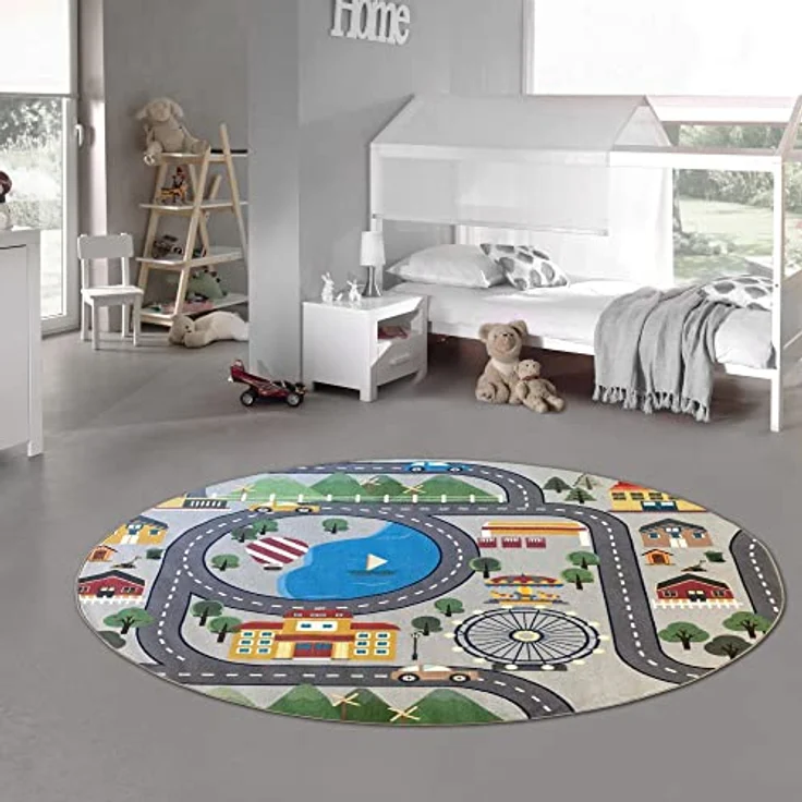 Teppich-Traum Kinder Spielteppich Stadtlandschaft grau, 160 cm rund, rutschfest und schadstofffrei, für Allergiker geeignet – Bild 1