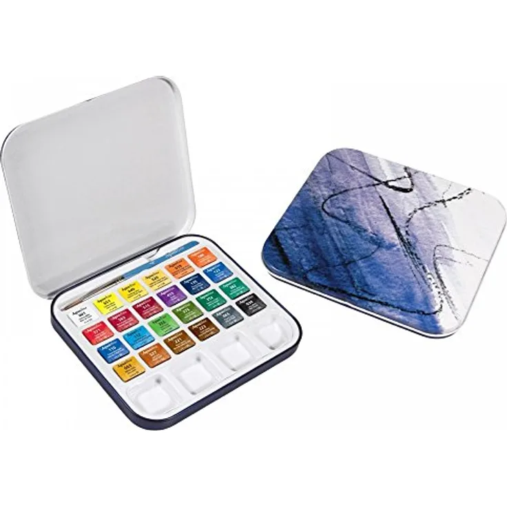 Daler Rowney Aquafine Watercolor Travel Set, 24 lebhafte Wasserfarben, inklusive Pinsel und Mischpaletten, kompaktes Reiseetui